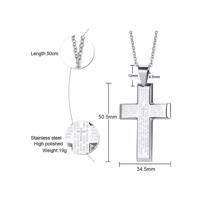Христианский распятие кулон для мужчин нержавеющая сталь простой серебряный тон лорды молитва крест ожерелье с 20 дюймов