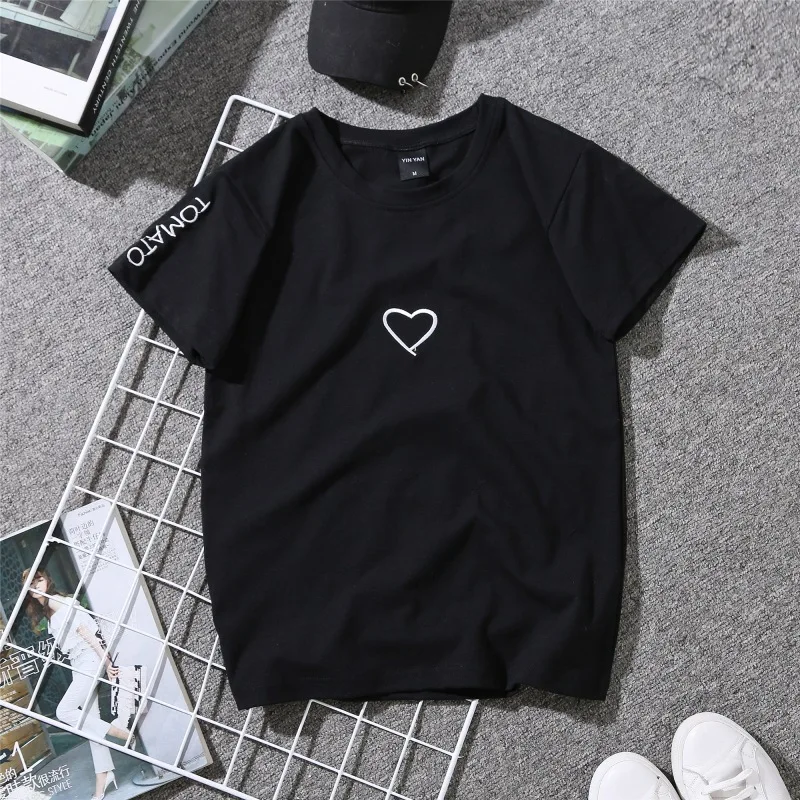 Summer Couples Lovers T-Shirt For Women Casual White Tops Tshirt Women T Shirt Love Heart Embroidery Print T-Shirt Female