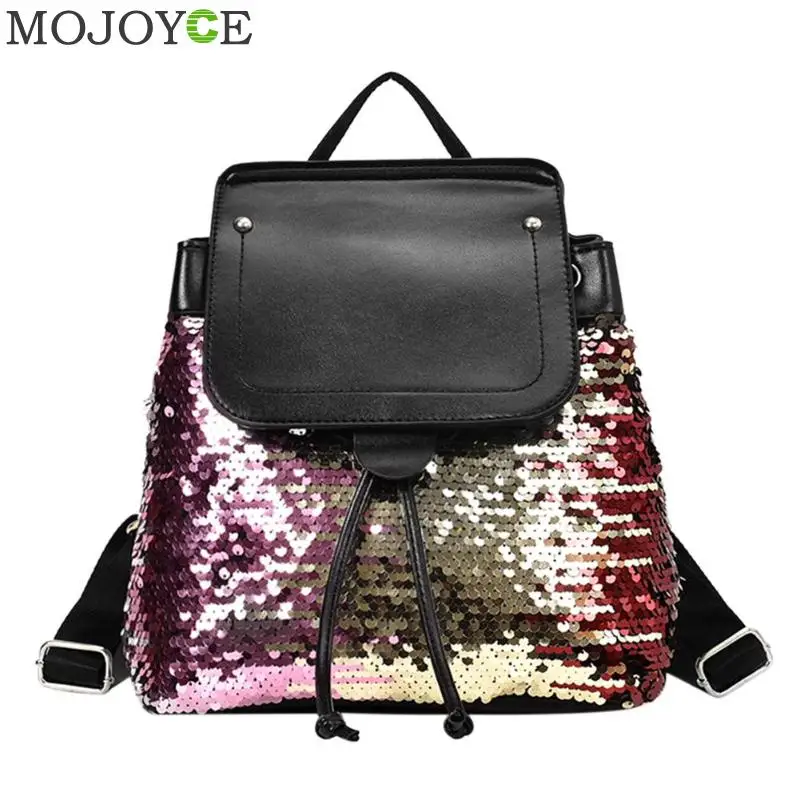 

Sequins PU Leather Women Casual Flap Backpacks Travel Rucksacks Girls School Shoulder Sequin Glitter Backpack Street Style Bag