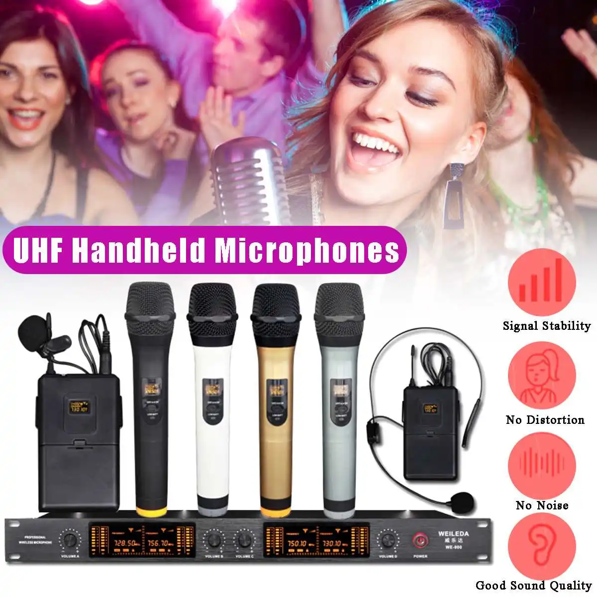 

for KTV Stage UHF 4 Channel Professional LCD Wireless Microphone Cordless System Headheld Mic 110-220V LED Display Sensitive