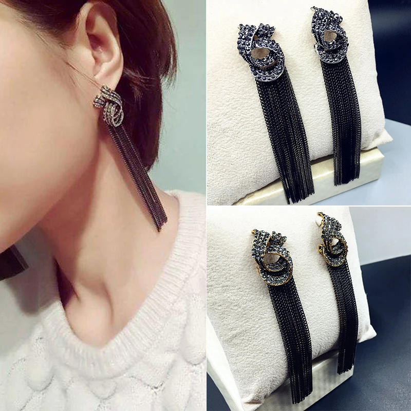 1Pair Flower 2019 New Arrival Long Dangle Rhinestone Wedding Tassel Golden Crystal Vintage Silver Korean Drop Earring | Украшения и