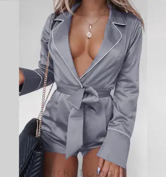 

Trendy Women Playsuits Sexy Party Clubwear Long Sleeve Playsuit Satin Turn-down Neck Solid Sashes Pink Rompers outwear