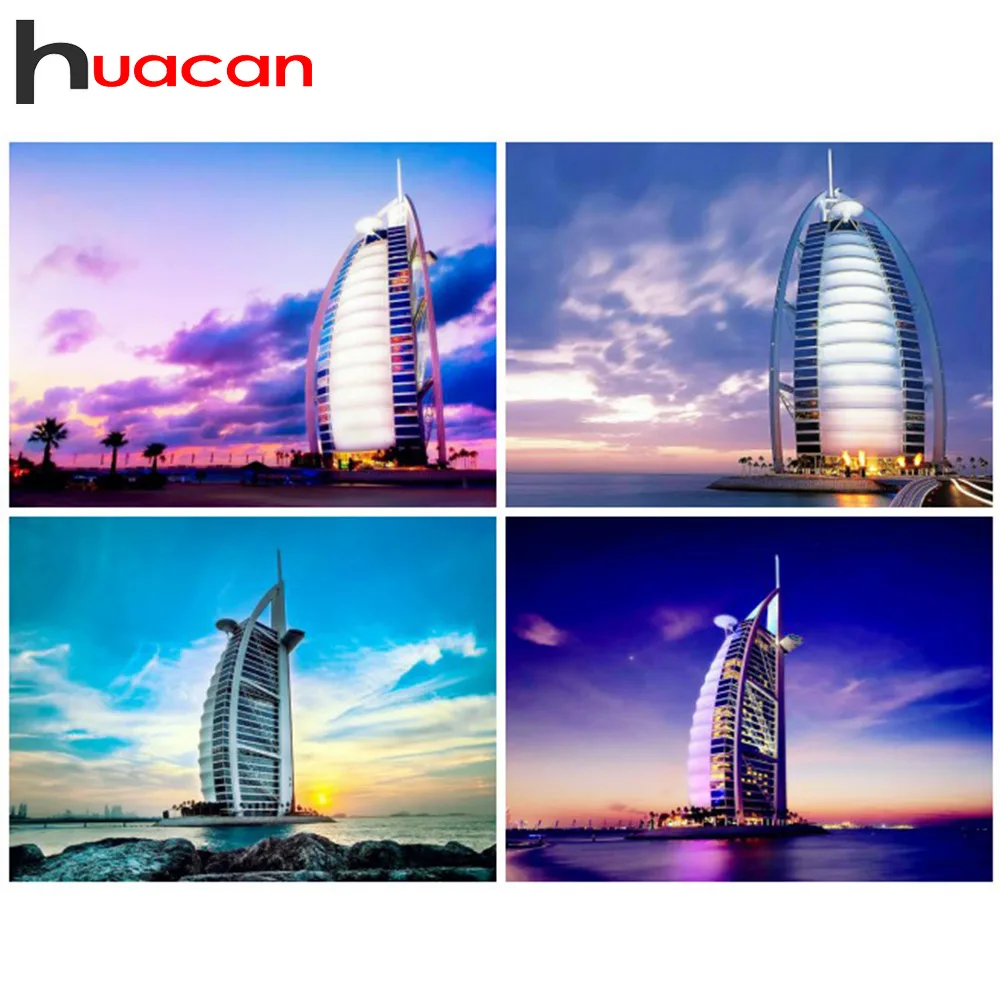 

Huacan 5d Diamond Painting Dubai Sails Hotel Cross Stitch Kits Diamond Embroidery Scenery Full Drill Square Diamond Mosaic Sale