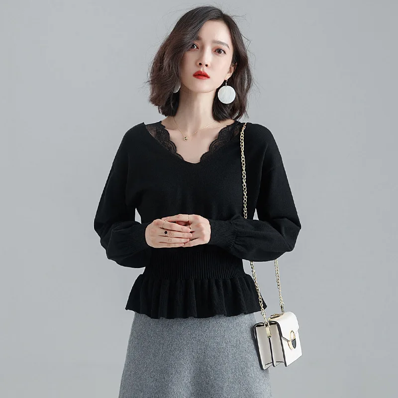  2018 new women's autumn v-neck sweater loose all-match bottoming sweater long-sleeved women's lantern sleeve sweater i6256