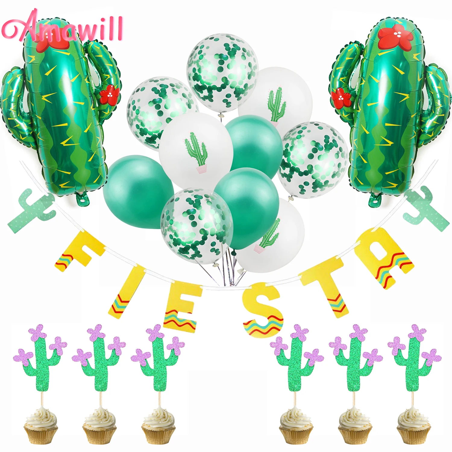 

Amawil Gold FIESTA Letter Banner Cactus Balloon Latex Ballons Cake Topper For Fruit Summer Party Birthday Wedding Decor 75D