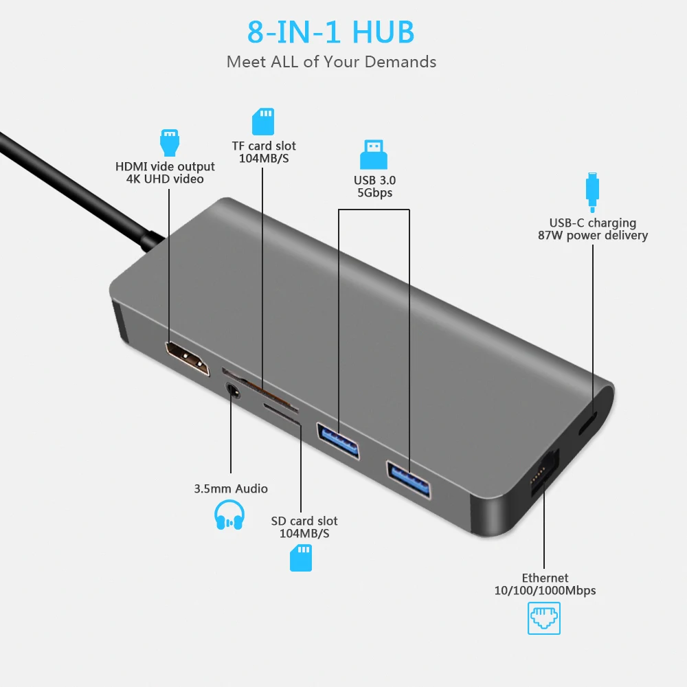 Redlai USB C HUB Type to HDMI 3 5 мм аудио RJ45 0 PD SD/TF Card Reader адаптер для MacBook 12 &quotAir Pro 2018 13 15