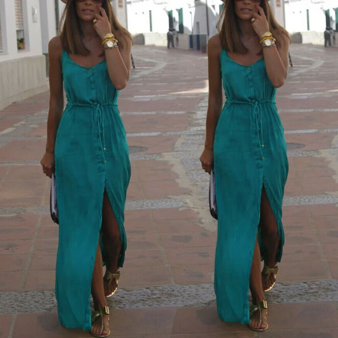 

Women Boho Maxi Long Dress Summer Evening Party Beach Slit Spilt Sundress Buttons Shirt Dresses