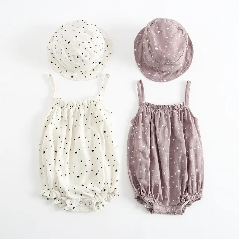 

Summer Baby Gilr Bodysuit Toddler Boy Fashion Sleeveless 100%Cotton Body Jumpsuit Beach Sunsuit+Hat 6M-3Y Kids Girls Bodysuits