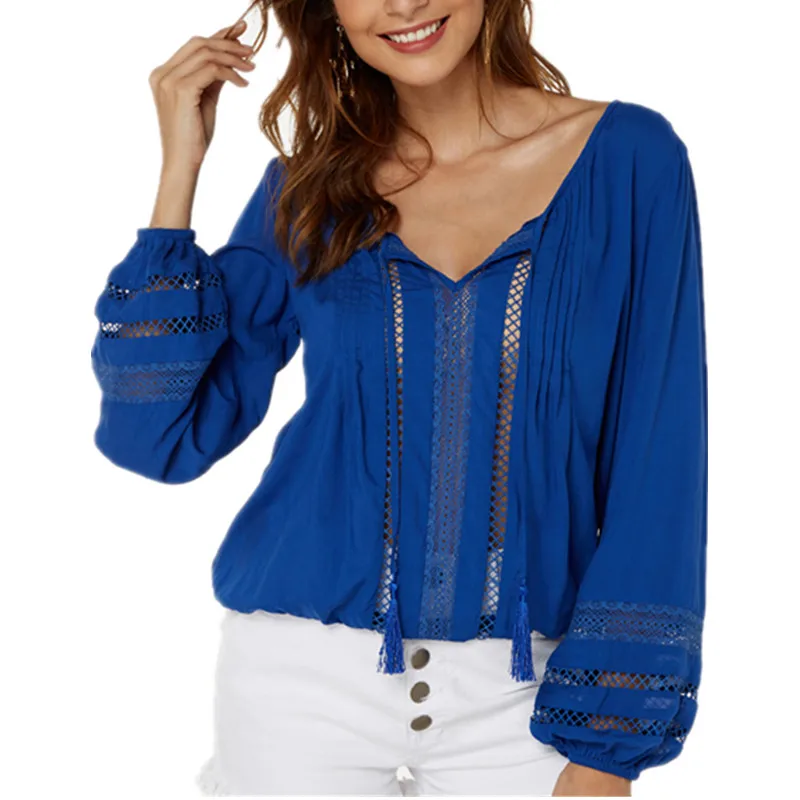 2019 Summer Blouse and Shirts Women Beach Bohemia Long Lantern Sleeves Blouse Solid Hollow Out Design Sexy V-Neck Tops Shirts