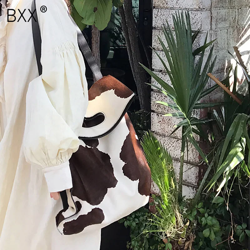 

[BXX] 2019 Woman Stylish New Hit Color Cow Spot Pattern High Capacity Single Strap Canvas Shoulder Bag Handbag All Match LM683
