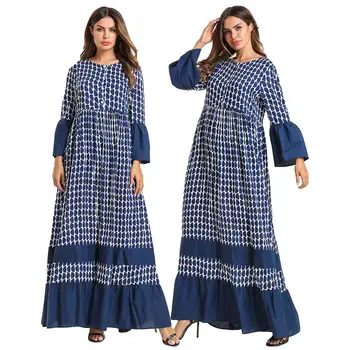 

Women Loose Maxi Robe Flare Sleeve Muslim Long Dress Patchwork Abaya Casual Gown Print Islamic Dresses Ramadan Long Sleeve New