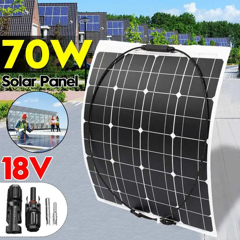 

70W 18V Waterproof Solar Panel Semi-flexible Monocrystalline Solar Cell DIY Module MC4 Cable Outdoor Connector Battery Charger