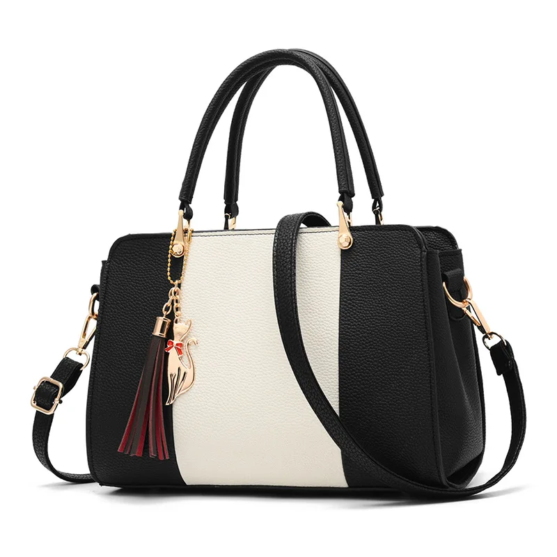 الصيف النساء ضرب اللون حقائب يد جلدية عارضة حمل أكياس Crossbody حقيبة الأعلى مقبض حقيبة مع شرابة و القط قلادة (أسود)