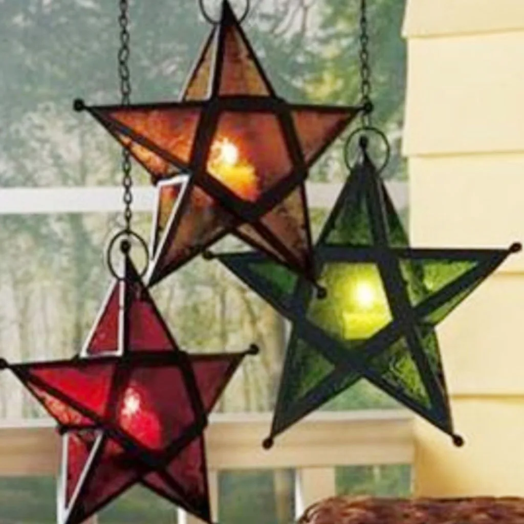 Star Hanging Candlestick Metallic Candle Light Lantern Holder-Green