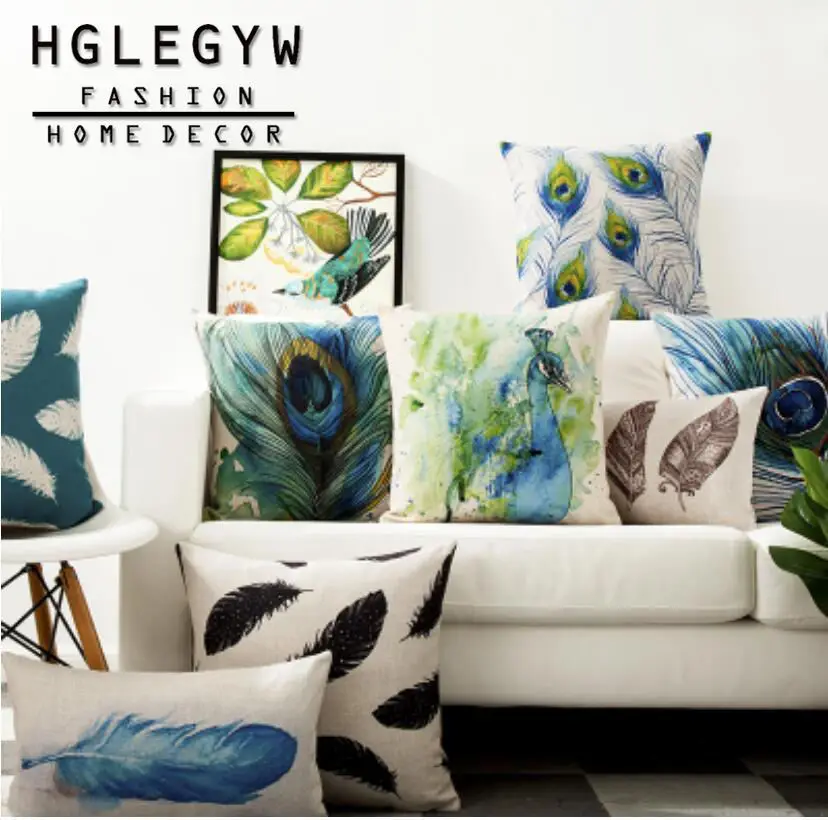

HGLEGYW Peacock Feathers Nordic Style Pillow Case Throw Pillowcase Cotton Linen Printed Pillow Covers Office Home Textile