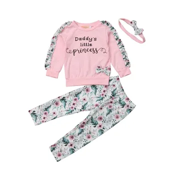 

Newborn Baby Girl Frill Floral Ruffle Clothes Set Warm Pink Long Sleeve Autumn/Winter Blouse Tops+Pants+Headband Outfits Clothes