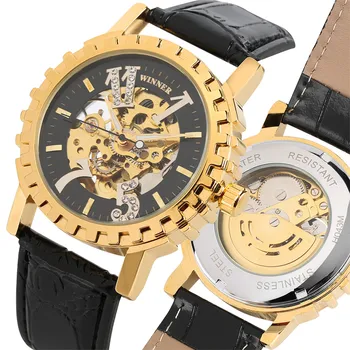 

Luxury Brand Gold Skeleton Men's Watches Automatic Mechanical Watch Men Black Leather Band Casual Wistwatch 2019 New Clock Gifts