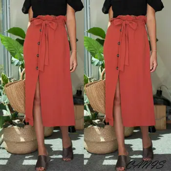 

Fashion Womens Midi Skirt High Waist Front Slit Button Bandage Skirts