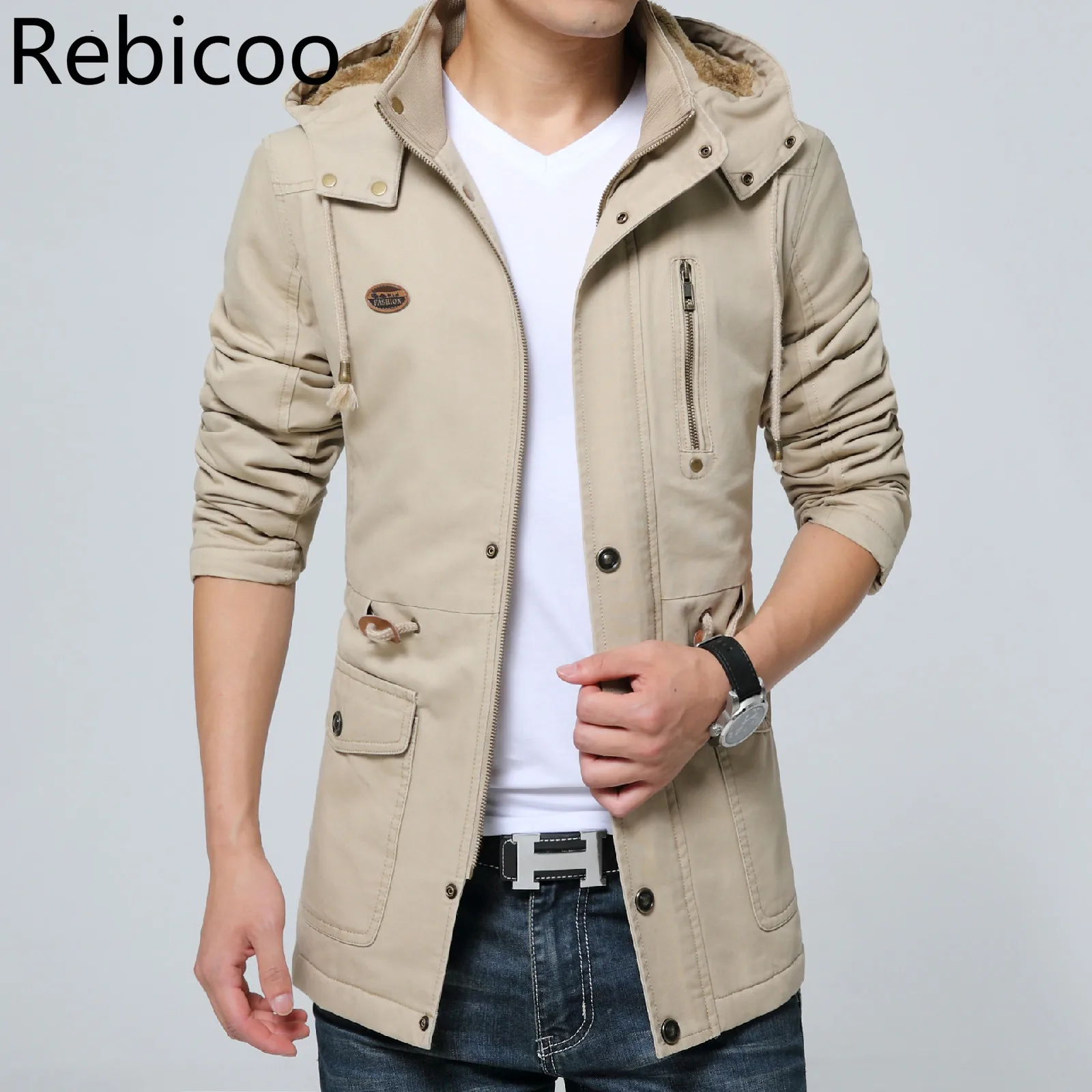 

Casual Loose Autumn Winter Men's Trench Coat Fashion Hooded Windproof Windbreakers Pockets Zipper Men Jackets Streetwear