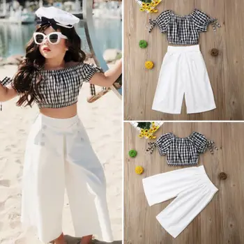 

Summer Kids Baby Girls Clothes Set Off Shoulder Checks Blouse Crop Tops Shirt + Wide Legs Pants Outfit Tracksuit 2-6y