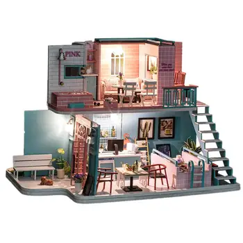 

Mini Adorable Cute Lovely Pink Dollhouse DIY House Kit Miniature Crafting Room Model Handmade Model Educational Toy Wooden House