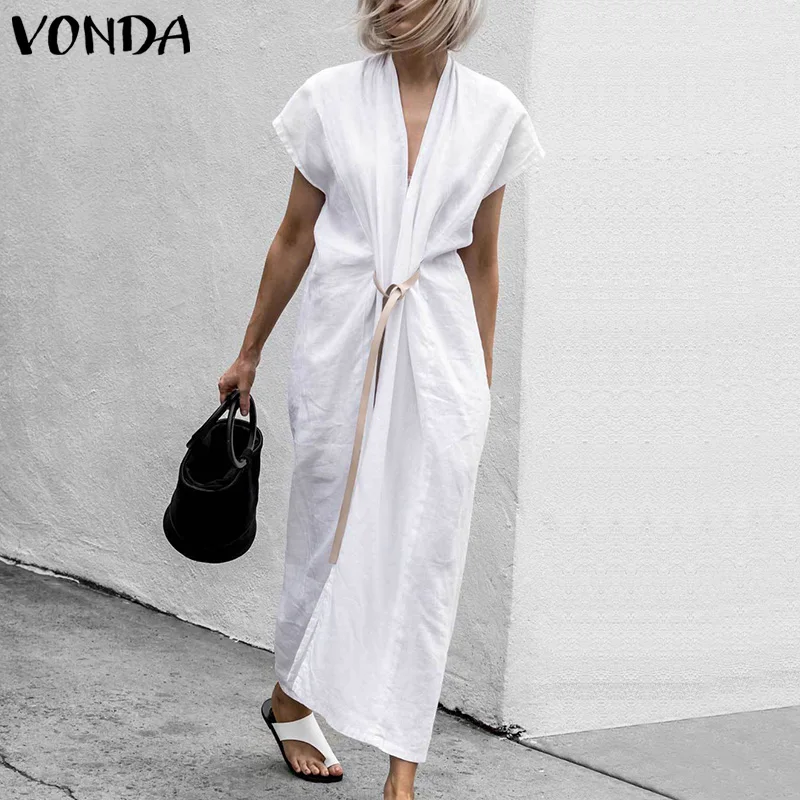 

VONDA Women Sexy Dress 2019 Summer Elegant V Neck Short Sleeve Tunic Belt Split Hem Party Long Dresses Casual Loose Vestidos 5XL