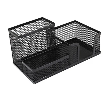 

Students Office Desk Mesh Style 3 Compartments Metal Pen Holder