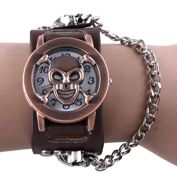 

Trendy Bullet Chain Wrist Watch Skull Cuff Punk Quartz Watches Mens Leather Band Clock With Steam Punk Bracelet Gift Relogio
