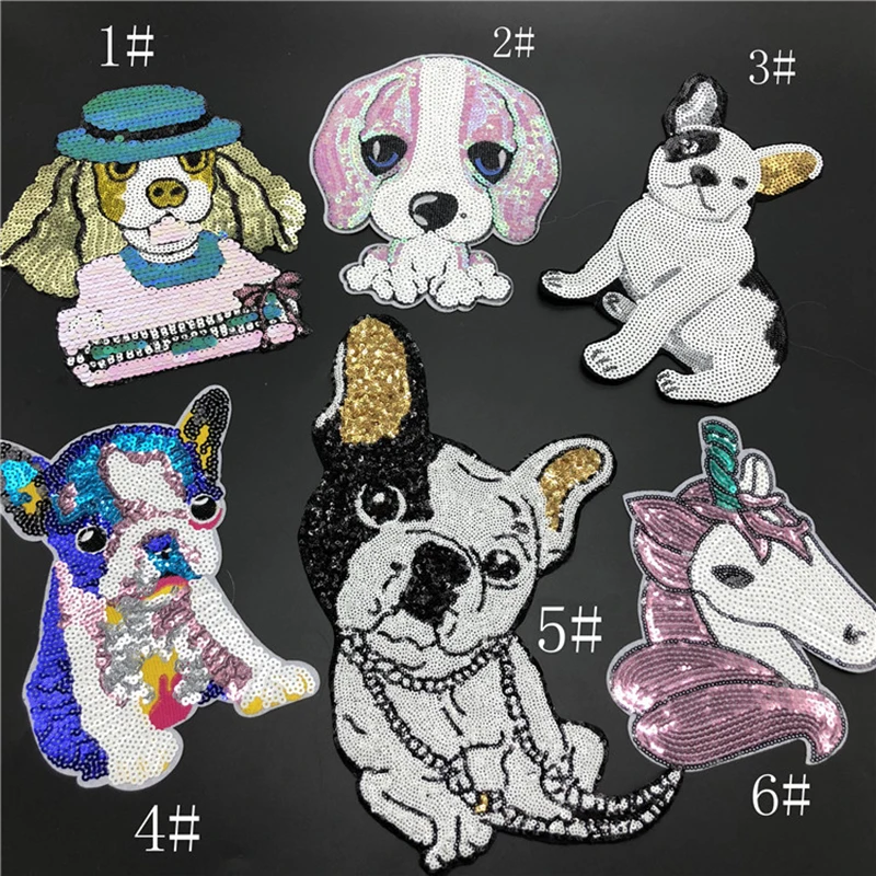 

New Cute Puppy Dog Bulldog Animals Sequin Patch Iron on Cartoon Patches DIY Sewing Accessories Decoration for Clothes Badge
