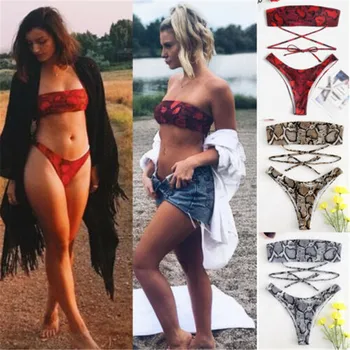 

Brazilian Swimsuit Bikinis 2019 Snake Skin Printed Bikini Set Red Yellow Bandeau Strappy Swimwear Bottoms And Tops Swimming Suit