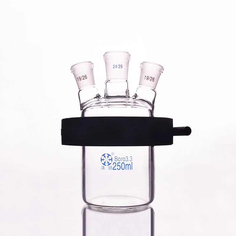 

Single-layer cylindrical flat bottom open reactor bottle 250ml,102mm flange,With PTFE clip,Three oblique necks 19/26+24/29+19/26