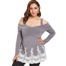 Rosegal большой размер холодное плечо спереди крест-накрест аппликация на футболку Плюс Размер Женская одежда Повседневная футболка Женские топы 5XL