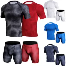 Мужская облегающая Фитнес Спортивные Компрессионные спортивные топы брюки Бодибилдинг спортивная одежда Быстросохнущий Спортивный Набор