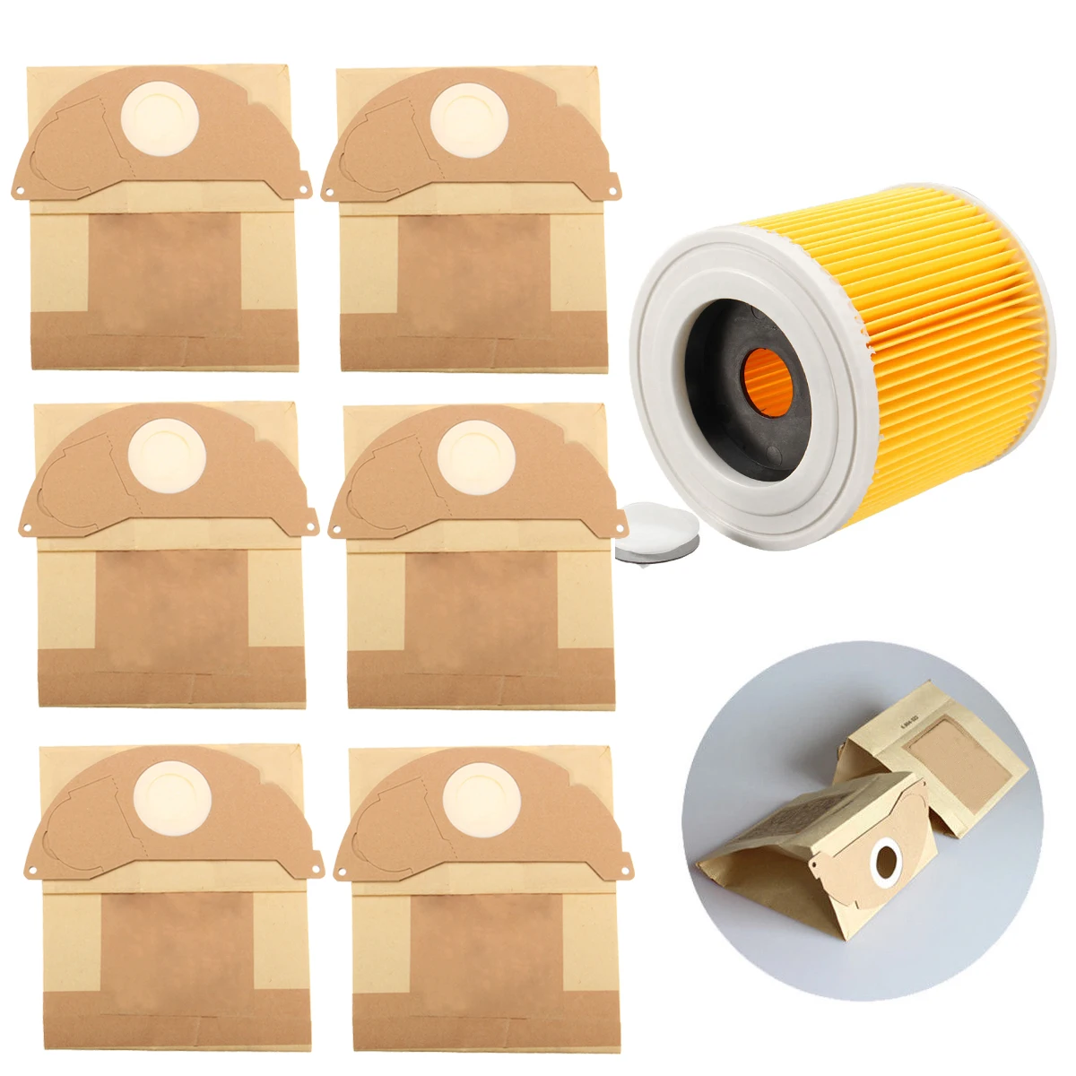 

6 Pcs Vacuum Dust Clean Paper Bag+Filter For KARCHER MV2 WD2.200 WD3.500 Parts