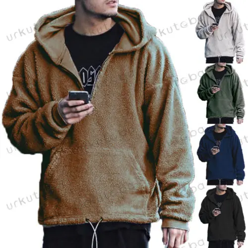 Men's Winter Warm Faux Fur Teddy Bear Zip Sweatshirt Hoodie Tops ...