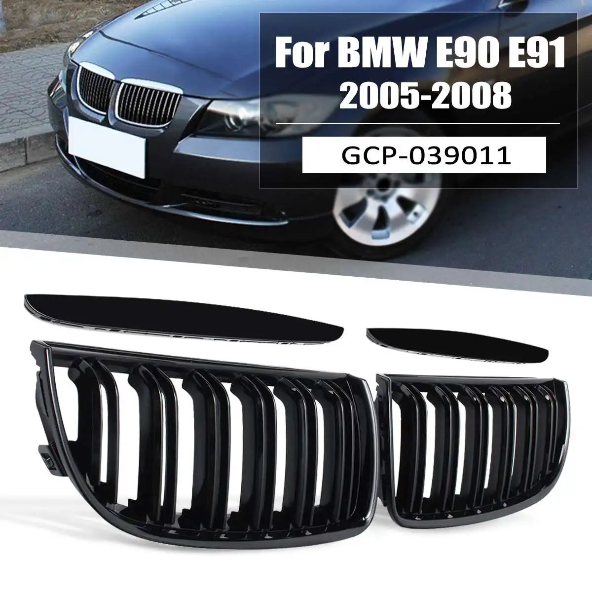 

Pair Gloss Black Double Slat Sport Kidney Grille Grill Set For BMW E90 Saloon E91 Touring 4 Door 2005 2006 2007 2008 GCP-039011