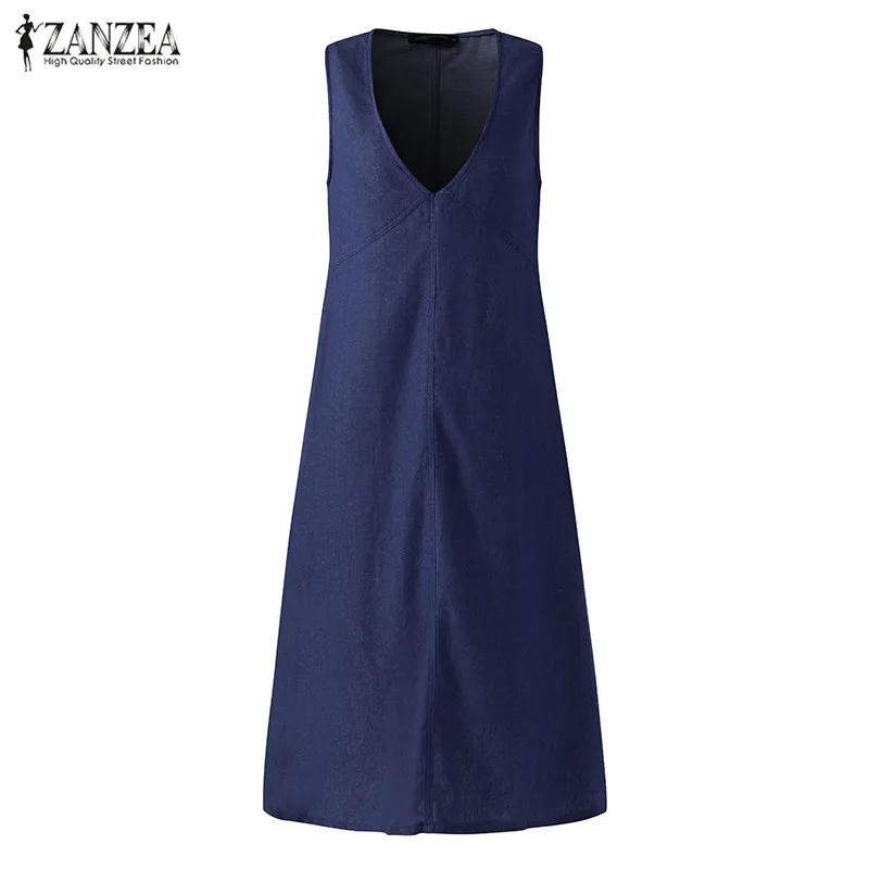 Women's Denim Sundress 2019 ZANZEA Female V Neck Summer Jeans Dress Ladies Sleeveless Tank Vestidos Casual Robe Femme Oversized
