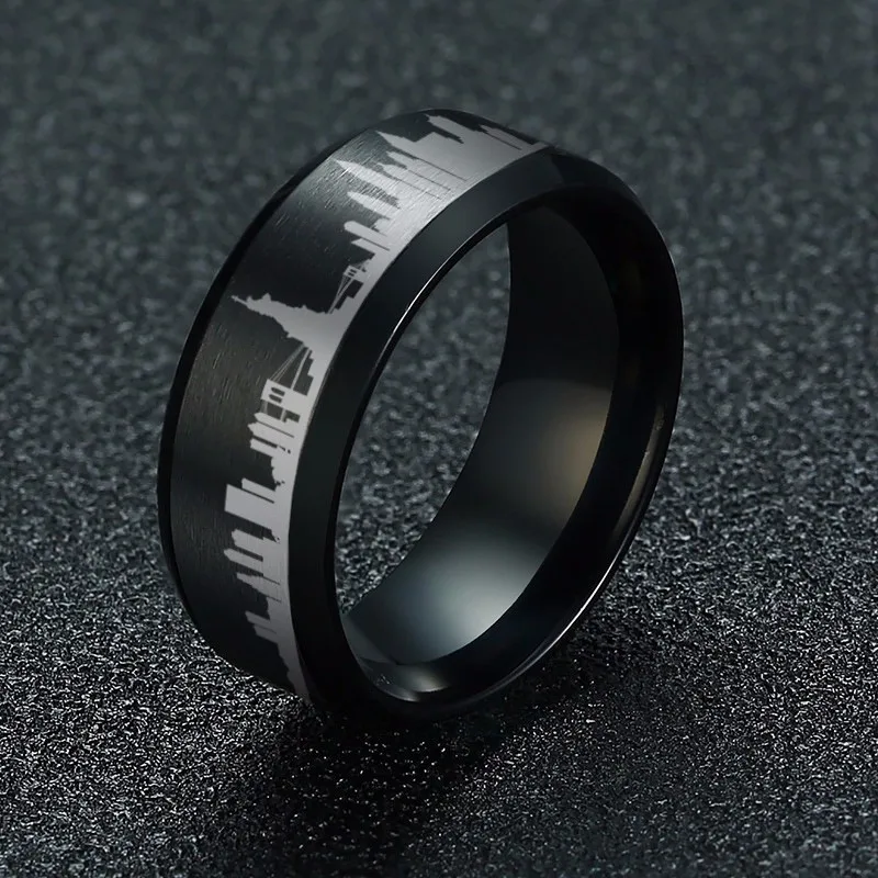 

Statue of Liberty landscape Scene Ring for Men Personalized Engraving Stainless Steel Wedding Band 8MM