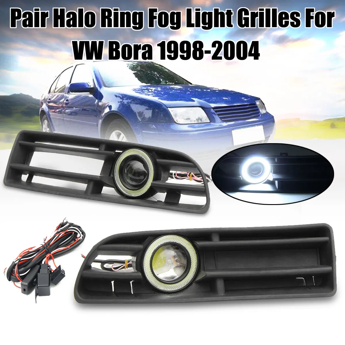 

1Pair White LED Fog Light Front Bumper Grilles With Wire For VW Bora 1998 1999 2000 2001 2002 2003 2004 Angel Eyes Lamp