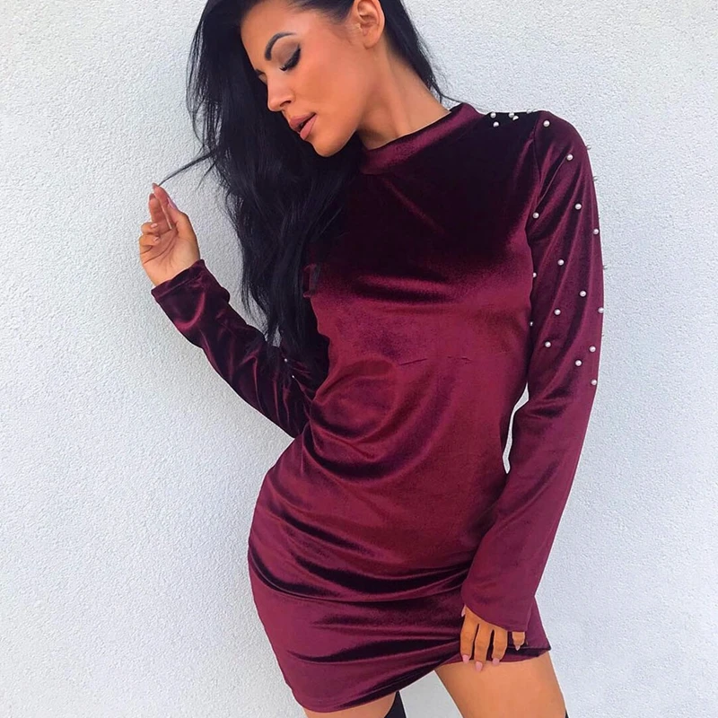 

Vintage Women Velvet Pearl Dress 2019 Ladies O-neck Long Sleeve Dress Casual Loose Elegant Party dress Min Vestidos