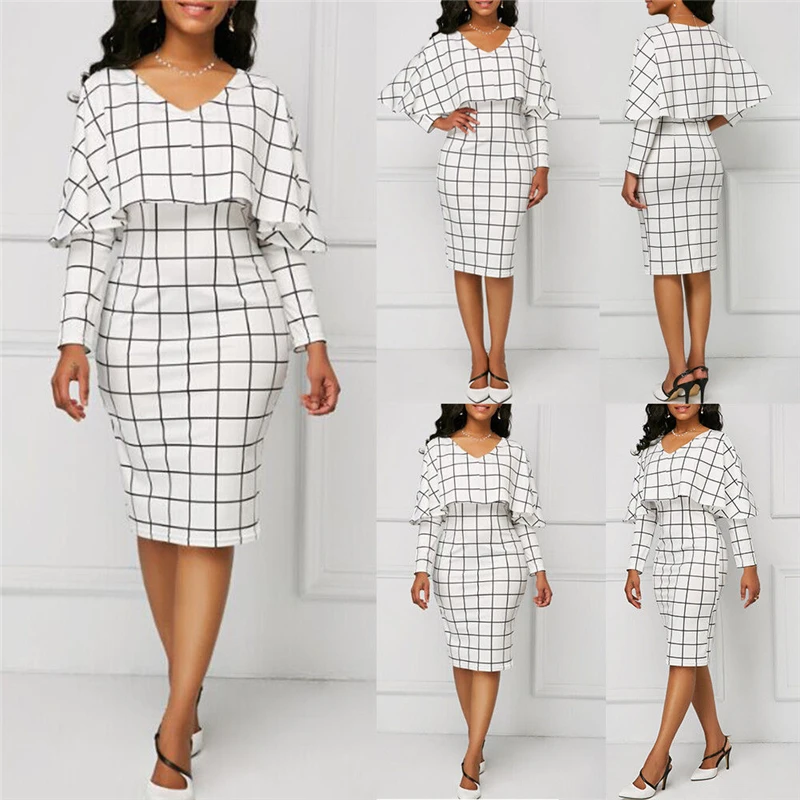 

NEW Fashion Women Ladies Bodycon V Neck Casual Plaid Long Sleeve Autumn Dress