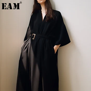 [EAM] 2020 Новое весенне-летнее черное свободное Бандажное платье с v-образным вырезом и половинным рукавом на талии с карманом большого размера...