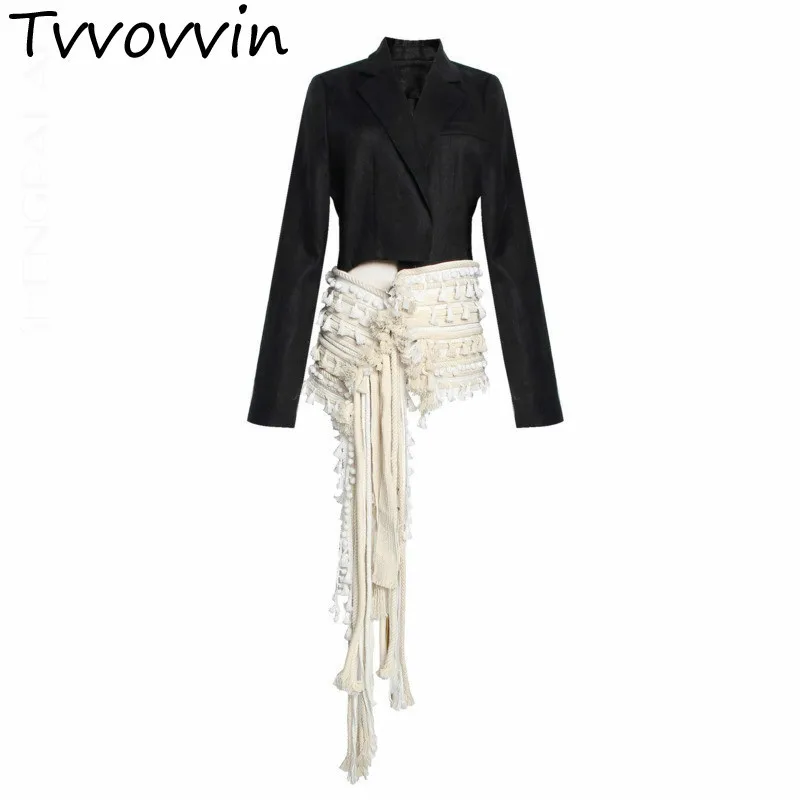 

TVVOVVIN 2019 New Spring Summer Lapel Long Sleeve Black Irregular Tassels Split Joint Loose Jacket Women Coat Fashion AS595