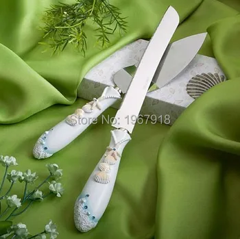 

New! Free Shipping White Resin Wedding Cake Knife Serving Set Beach Wedding Table Decoration Cake Knife & Shovel Party Supplies