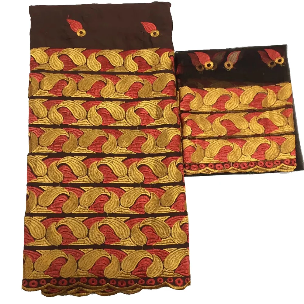 

African coffee cotton lace and sari fabric High Quality Embroidered lace material 5yards with tulle lace fabric 2yards