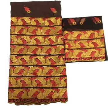 

African coffee cotton lace and sari fabric High Quality Embroidered lace material 5yards with tulle lace fabric 2yards