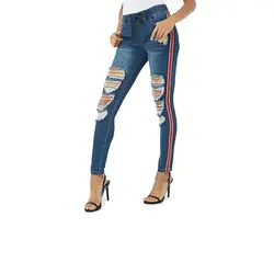 Боковые полосы джинсы брюки Для женщин потертые рваные состаренные изящные джинсы из хлопчатобумажной ткани для Для женщин Высокая Талия