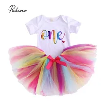 Брендовая одежда для новорожденных девочек на день рождения, один боди, юбка-пачка в радужную полоску, 2 предмета, вечерние наряды, милый летний комплект одежды