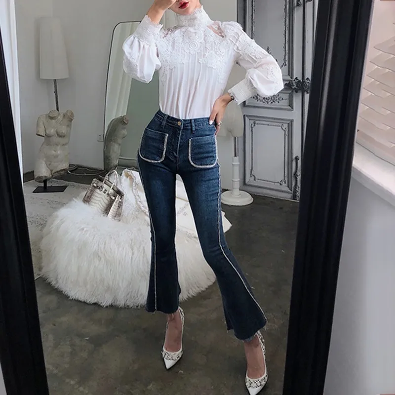 Beste Chicever Zomer Casual Solid Lace Hollow Out Vrouwen Stand Kraag Bladerdeeg Mouw Slanke Plus Size Vrouwelijke Top Kleding 2019 nieuwe