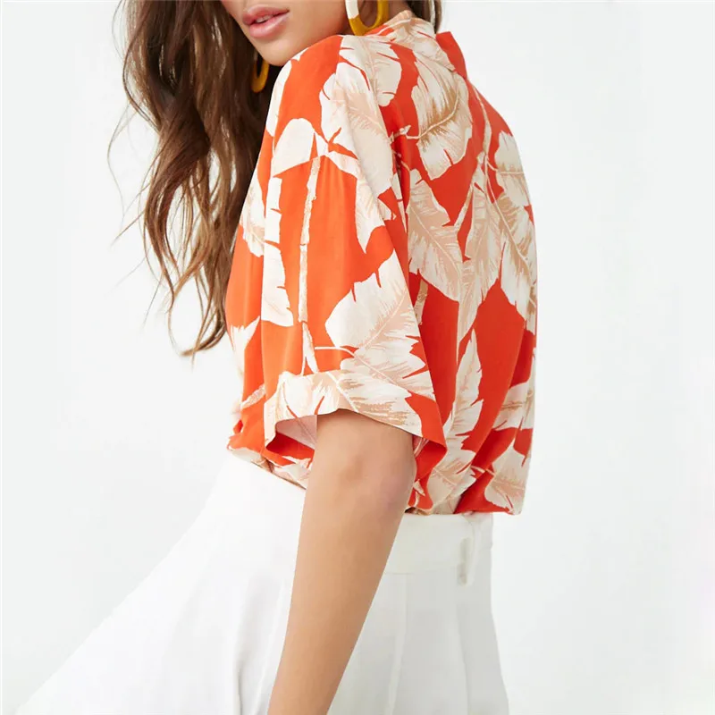 

New Summer Blouse Women Casual Short Sleeve Chiffon Blouses Boho Style Print Tops Turn-Down Office Ladies Shirts Plus Size Mujer